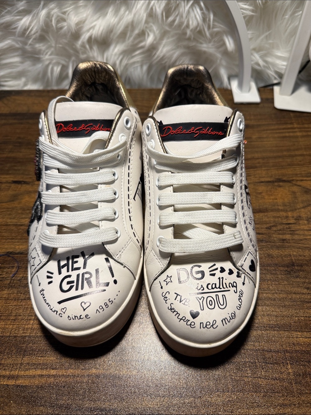 Dolce & Gabbana White Kids Graphic Lace-Up Sneakers with Gold Heel